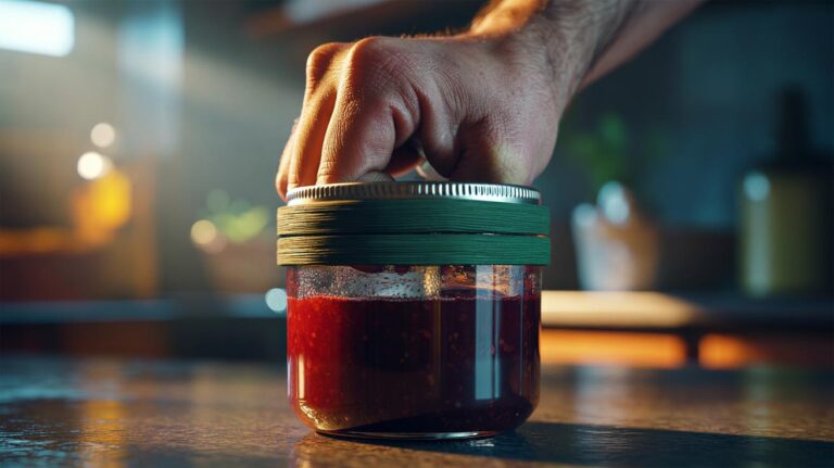Illustration of a hand twisting a jar lid with a rubber band wrapped around it for extra grip