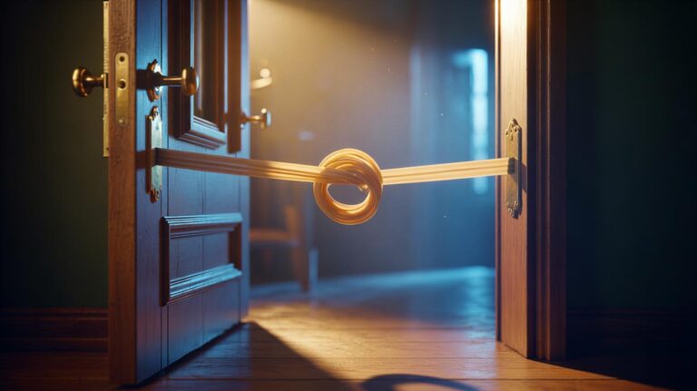 Illustration of a rubber band looped around door handles across the latch to create a silent cushion and prevent slamming
