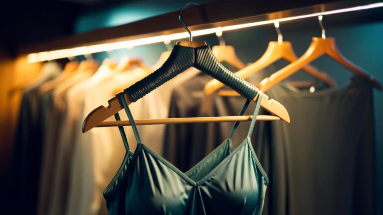 Illustration of a rubber band wrapped around the shoulder of a clothes hanger to create instant grip and prevent straps from slipping