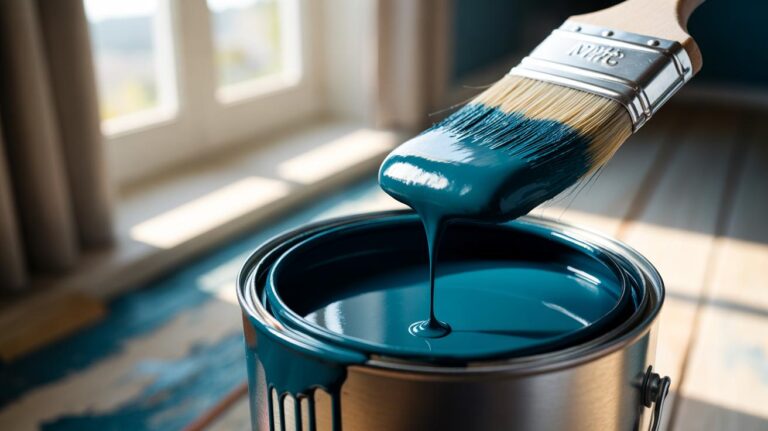 Illustration of a rubber band stretched across an open paint can, with a paintbrush being wiped on the band to stop drips and maintain a clean rim and edge