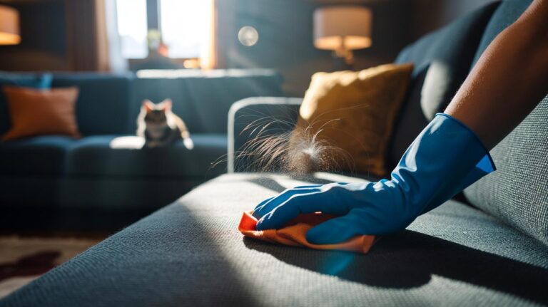 Illustration of a rubber-gloved hand removing pet hair from a sofa using static electricity