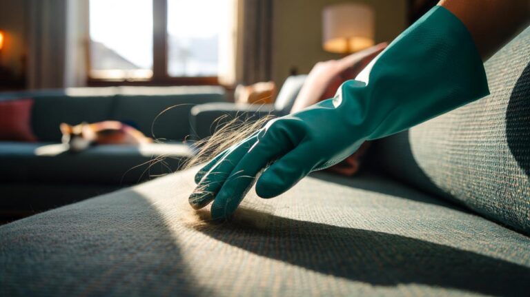 Illustration of a hand wearing a rubber glove swiping a fabric sofa to lift pet hair in one pass using static electricity
