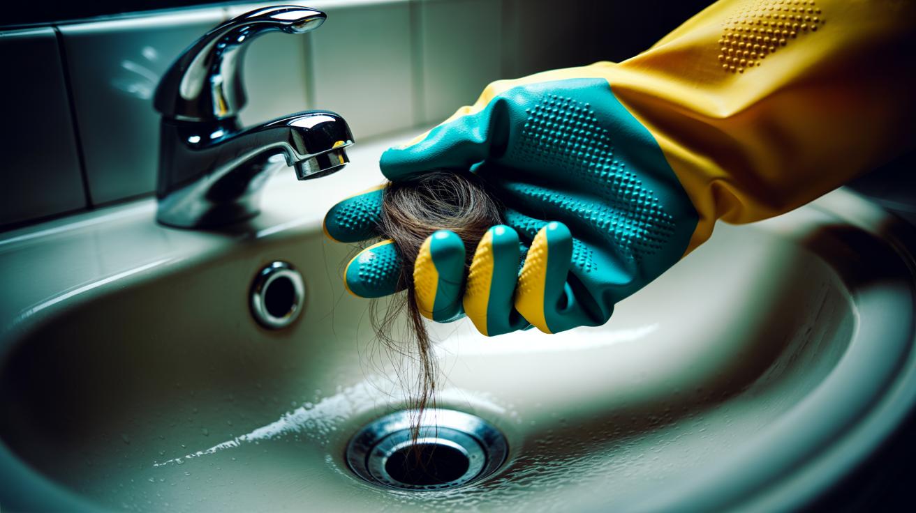 Illustration of a textured rubber glove pulling a hair clog from a bathroom drain