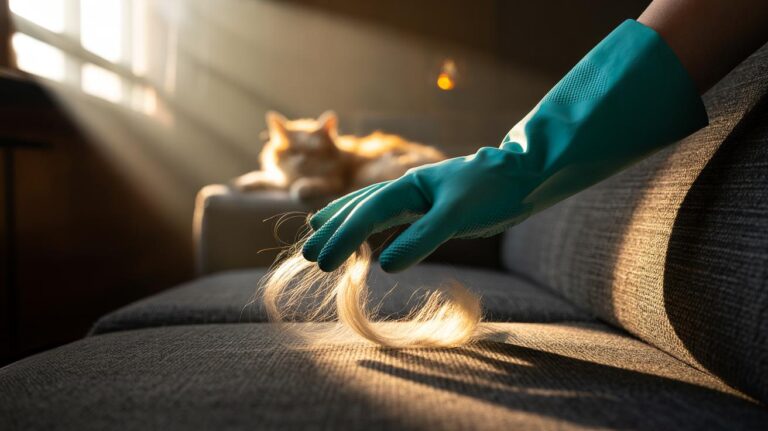 Illustration of a rubber glove removing pet hair from a couch with a single swipe