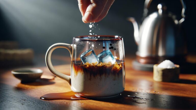 Illustration of ice cubes and coarse salt being swirled inside a tea-stained ceramic mug to lift tannin rings