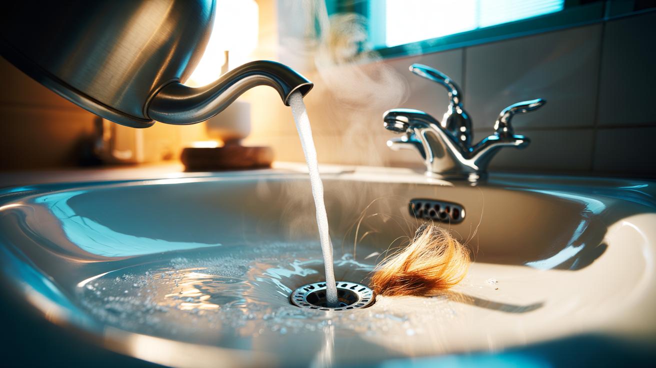 Illustration of salt and boiling water being poured from a kettle into a bathroom drain to dissolve soap scum and loosen hair