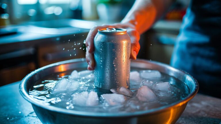 Illustration of a beverage can immersed in a salt-and-ice slush pack to cool it in 90 seconds