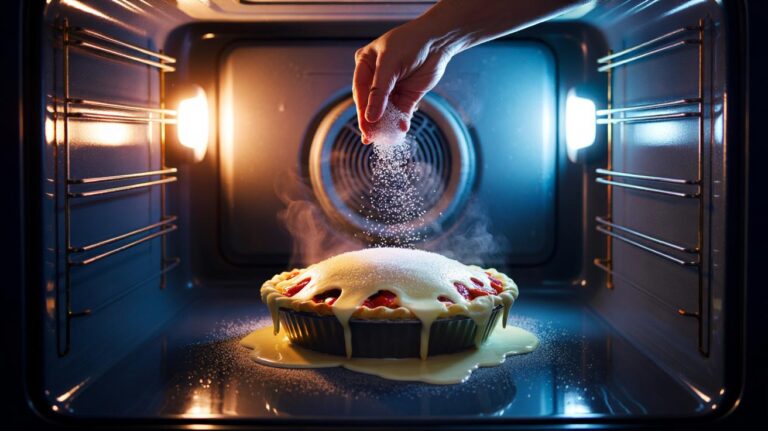 Illustration of salt being sprinkled over a fresh oven spill to stop burning and lift residue