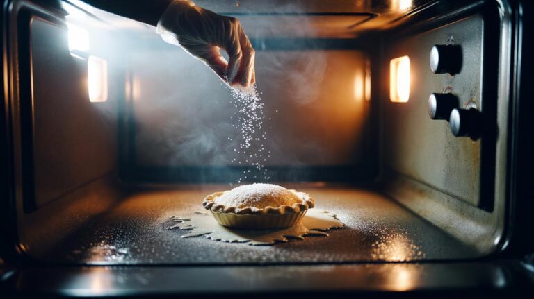 Illustration of salt being sprinkled onto a hot oven spill to stop burning and make cleanup easy
