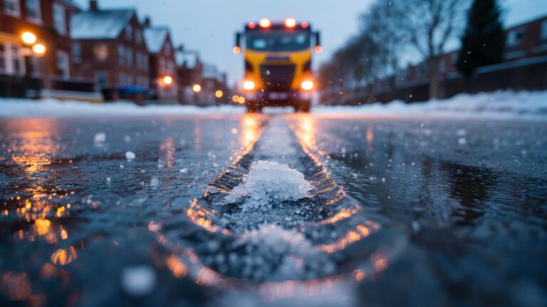 Illustration of rock salt being spread on a snowy pavement to melt ice by lowering water's freezing point
