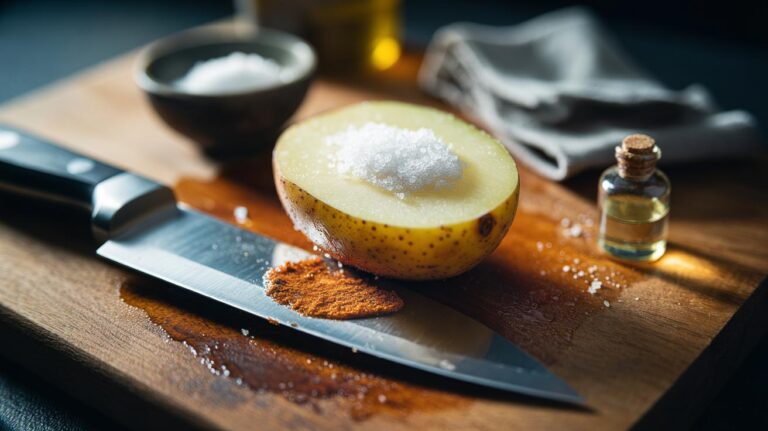 Illustration of a halved potato sprinkled with salt scrubbing rust from a kitchen knife blade