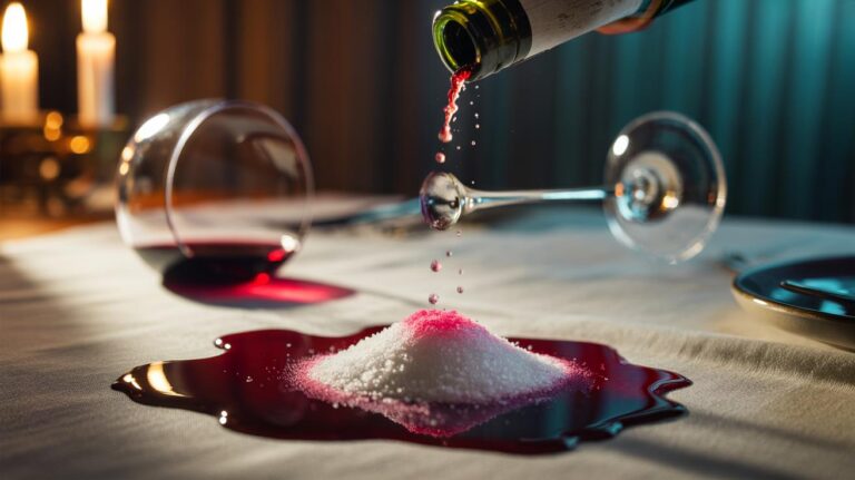 Illustration of table salt being heaped onto a fresh red wine spill on a light-coloured fabric, crystals absorbing the liquid to prevent a permanent stain