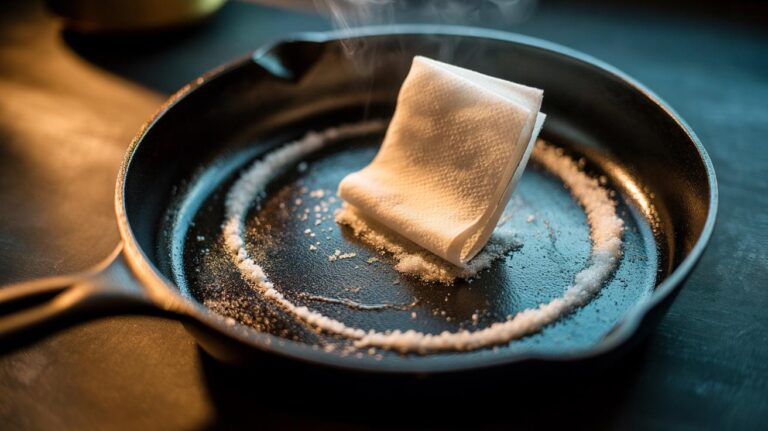 Illustration of coarse salt being rubbed with a paper towel to lift burnt bits from a cast iron skillet