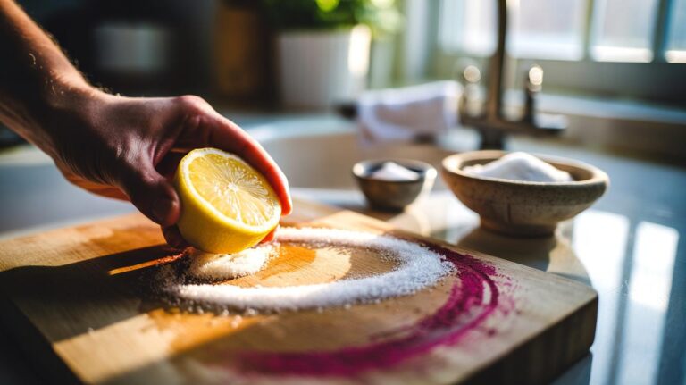 Illustration of a coarse salt and lemon scrub being applied to a wooden chopping board to eliminate stains and odours