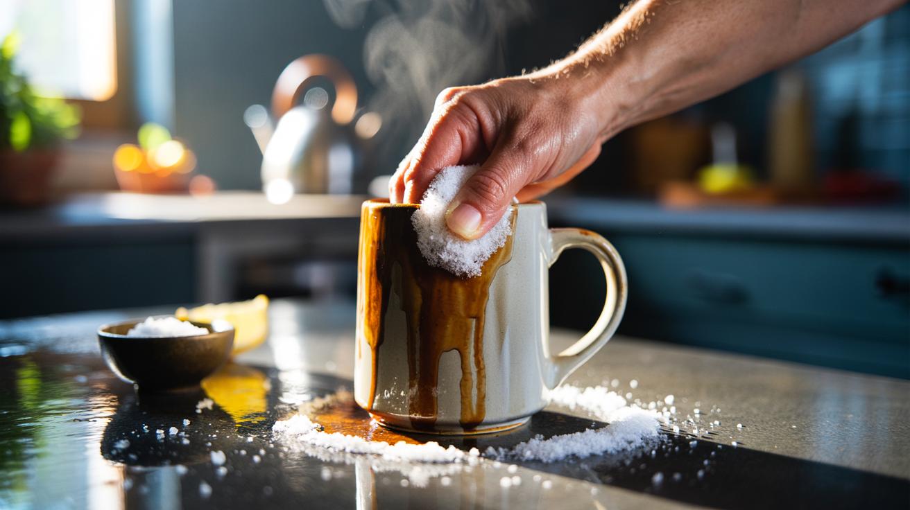 The salt-scrub method that restores mugs: how coarse grains clear tea and coffee rings