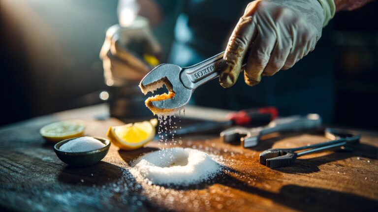 Illustration of a hand using a salt and lemon scrub to remove rust from a steel spanner, demonstrating safe gentle abrasion on metal