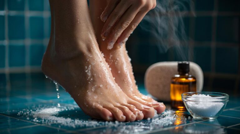 Illustration of a coarse-grained salt scrub being massaged onto calloused feet to remove dead skin, showing how dissolving crystals exfoliate more safely than a pumice stone