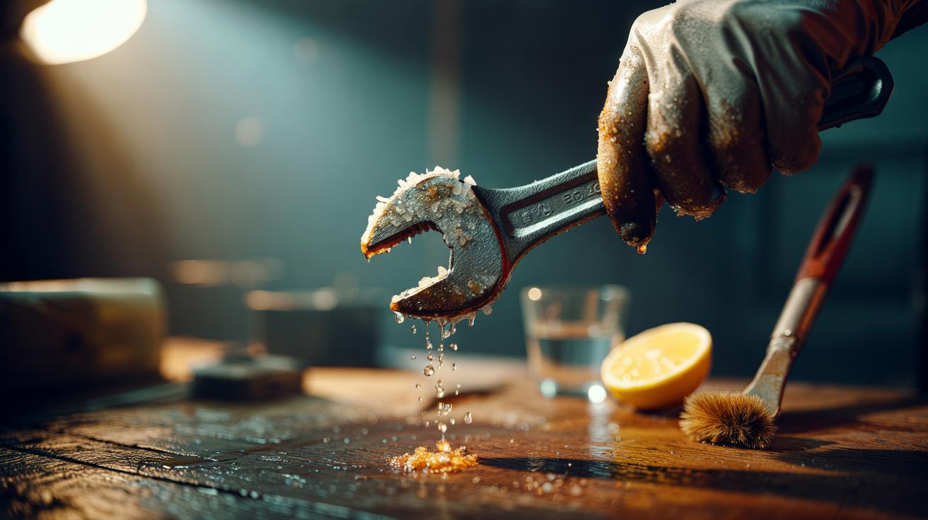 Illustration of a coarse salt scrub removing rust from a metal hand tool