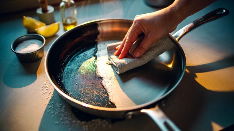 Illustration of a coarse salt scrub cleaning burnt residue from a pan without scratching