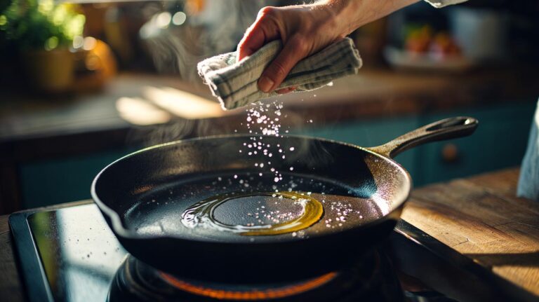 Illustration of coarse salt scrubbing a warm cast-iron skillet to lift residue without scratching