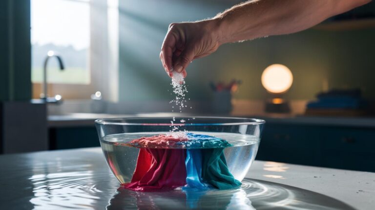 Illustration of a hand sprinkling table salt into a basin of cold water holding a new brightly coloured cotton shirt to help lock in dye before washing
