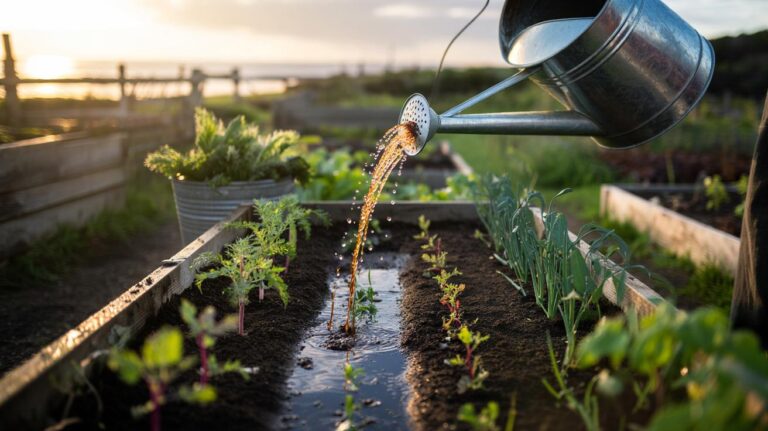 Illustration of a watering can pouring a dark seaweed soak onto young vegetable plants, highlighting trace mineral support for rapid growth