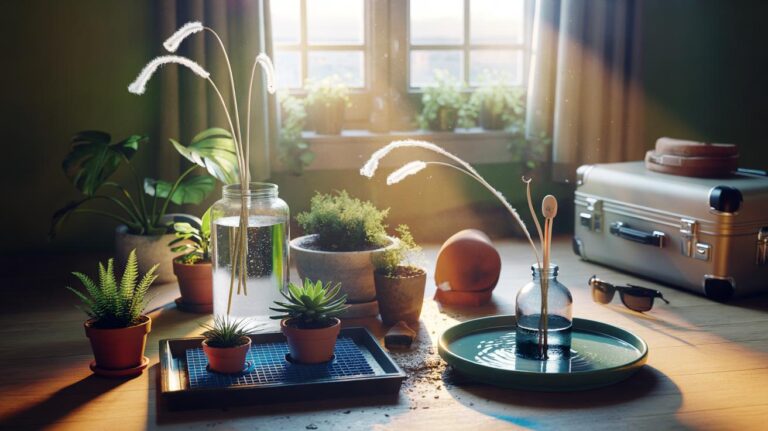 Illustration of potted houseplants kept hydrated with self-watering wicks and a water reservoir while the owner is away