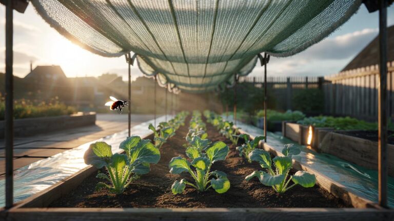 Illustration of a shade-cloth cover filtering sunlight to protect young plants from scorching during a heatwave