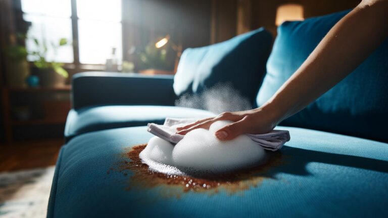 Illustration of thick shaving foam being blotted with a white cloth onto an upholstery stain to lift dirt without soaking