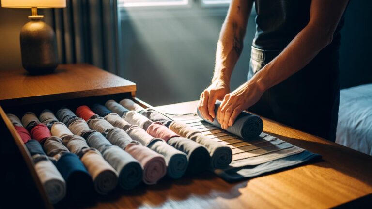 Illustration of neatly rolled T-shirts arranged upright in a drawer using the sheet-rolling method to save wardrobe space