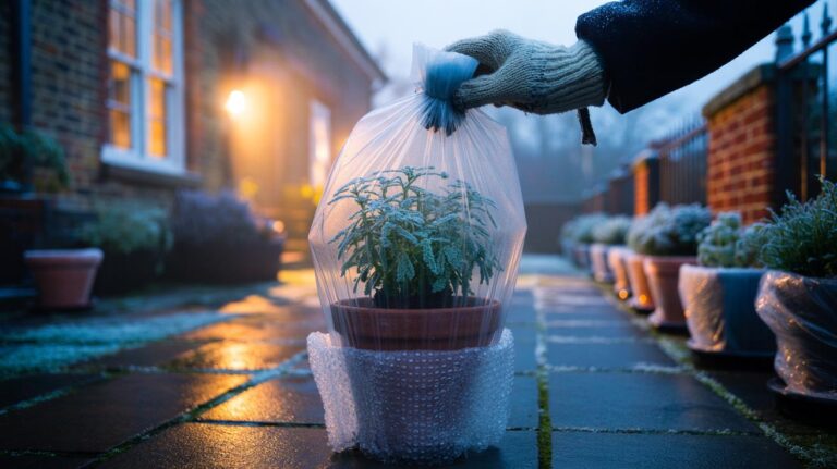 Illustration of shower-cap covers fitted over outdoor potted plants to protect against frost