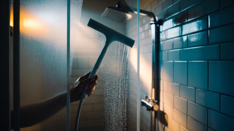 Illustration of a shower squeegee removing water from a glass shower screen to prevent mould growth