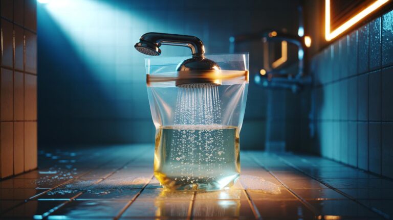 Illustration of a showerhead soaked overnight in a plastic bag filled with white vinegar, secured with an elastic band, to dissolve limescale and restore water pressure