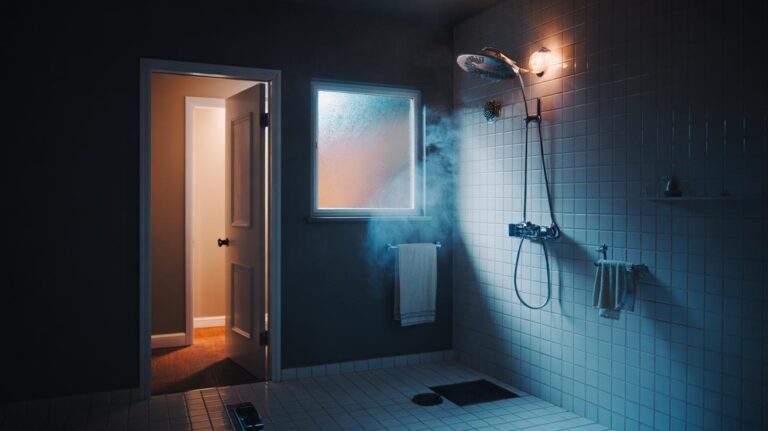 Illustration of a bathroom using simple cross-flow ventilation—door slightly ajar, micro-open window, and an extractor fan clearing steam to keep surfaces mould-free year-round