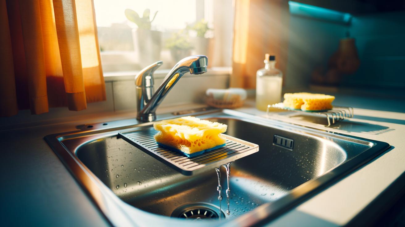 Illustration of a kitchen sink with a sponge drying on a raised, vented holder to promote airflow, showing the elevate, ventilate, rotate hack