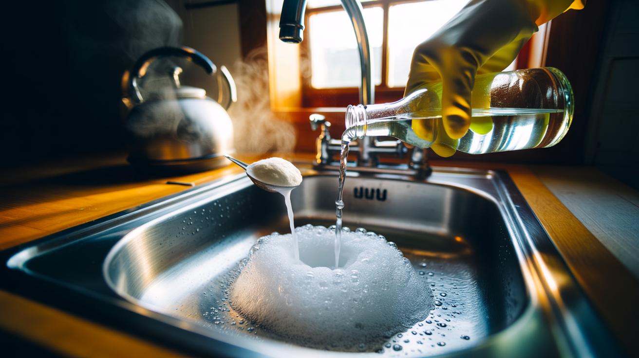 Illustration of white vinegar and bicarbonate of soda reacting to unclog a sink drain naturally.