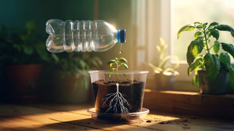 Illustration of a slow-drip bottle setup delivering steady water to a plant’s root zone to prevent overwatering