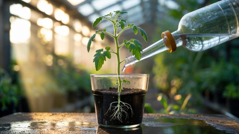 Illustration of a slow-drip watering bottle delivering controlled moisture to a potted plant to prevent root shock