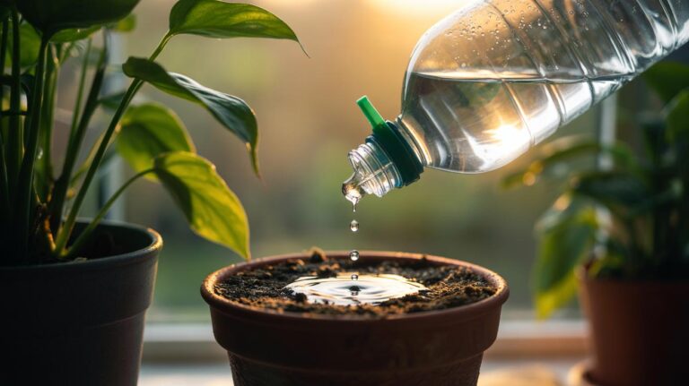 Illustration of a slow-drip watering bottle delivering steady moisture to a potted houseplant to prevent root shock