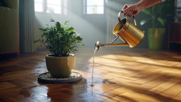 Illustration of a narrow-spout watering can delivering a gentle slow-pour to a houseplant to prevent leaks and protect indoor floors