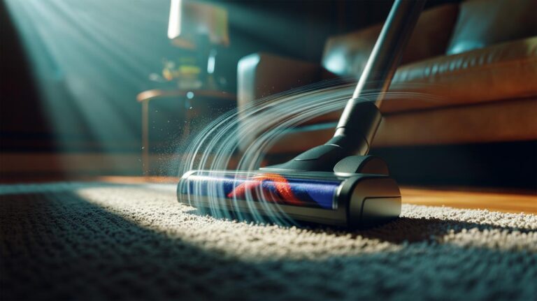 Illustration of a vacuum cleaner nozzle moving slowly over carpet to maintain a seal and lift embedded dirt