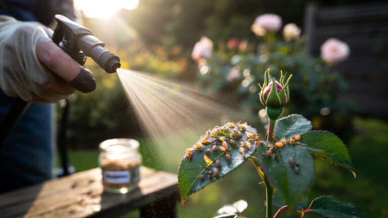 Illustration of a handheld sprayer applying a soap-flake solution to aphids clustered on the underside of garden leaves
