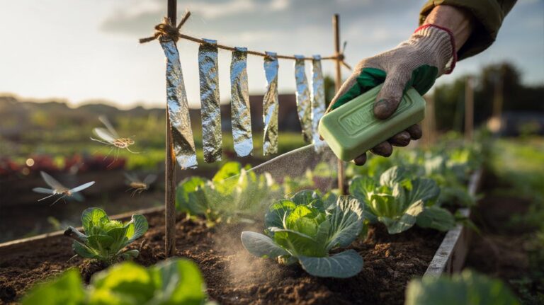 Illustration of soap-rubbed aluminium foil strips hanging around a vegetable bed to create a scent barrier against aphids and other garden pests