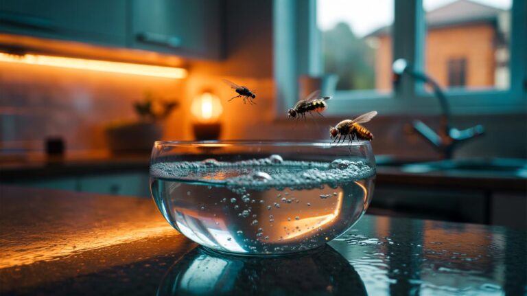 Illustration of a shallow bowl of soapy water with bubbles attracting and trapping flies