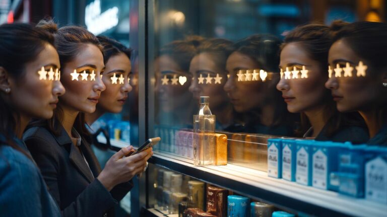 Illustration of social proof in marketing: shoppers choosing products based on star ratings, large review counts, and “Most Popular” labels