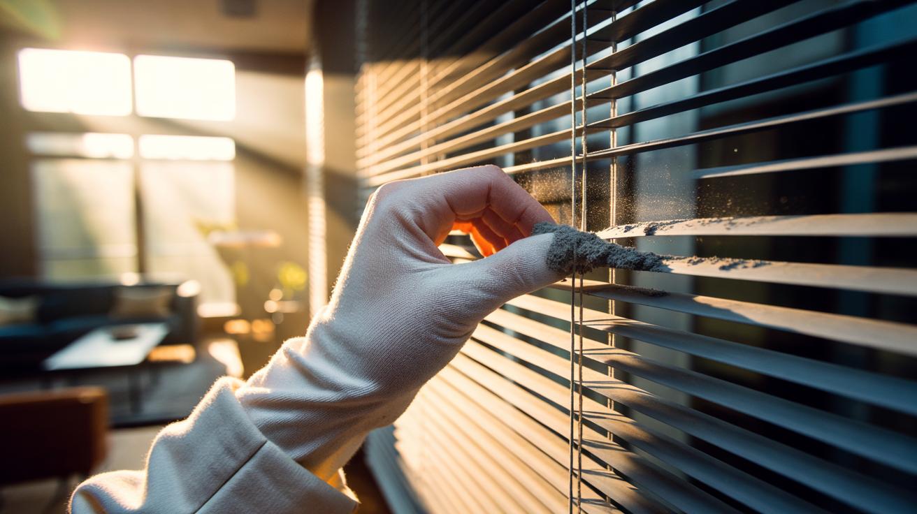 Illustration of a hand wearing a sock cleaning venetian blinds, trapping dust along the slats