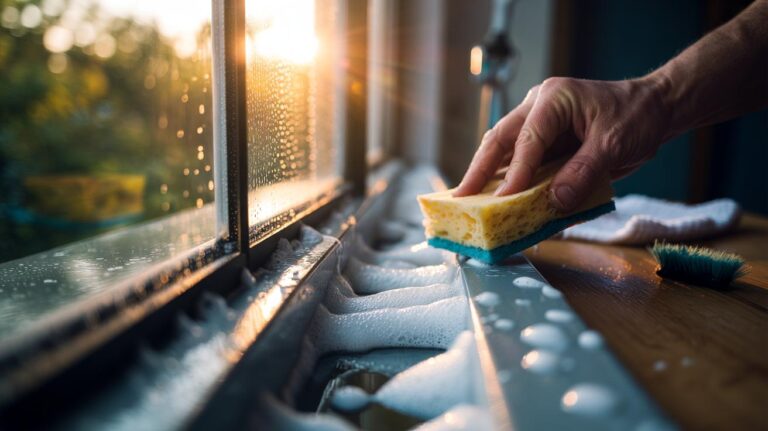 Illustration of a hand compressing a soapy sponge into a window track, with foam expanding into tight spaces