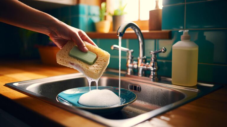 Illustration of a kitchen sponge with dish soap embedded inside, demonstrating controlled dosing to reduce detergent waste