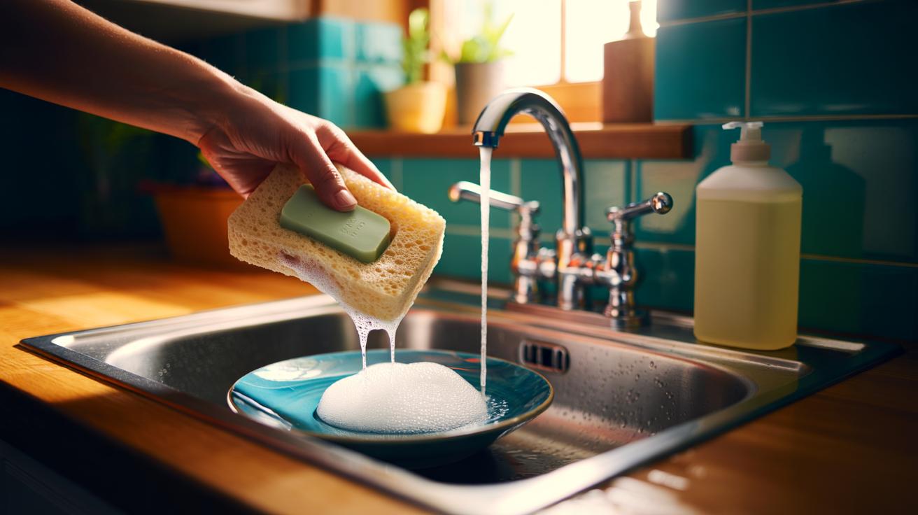 Illustration of a kitchen sponge with dish soap embedded inside, demonstrating controlled dosing to reduce detergent waste