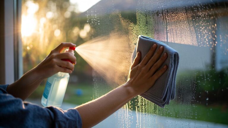 Illustration of a fine mist being sprayed onto a window and wiped with a microfiber cloth to reduce streaks